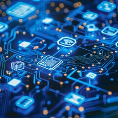 A circuit board design with business icons integrated into the circuitry, symbolizing digital transformation, technology integration