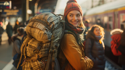 Fototapeta premium A happy traveler with a large backpack stands at the station, getting ready to go on a trip. A young person at a busy train station is waiting for an adventure. Vacation, travel concept.