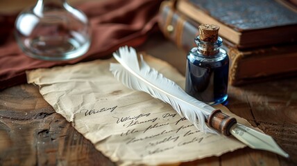 A minimalist poster featuring a single quill pen and ink bottle on a blank sheet of paper
