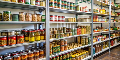 Shelves in a humble community food pantry filled with a variety of canned foods , generosity, community