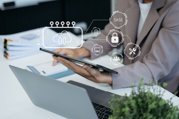 Hand touching Secure Access Service Edge icon on smartphone virtual screen background, password, network, framework and support technology in office. SASE secure access service edge concept.