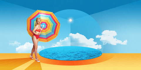 Beautiful woman in red polka dot swimsuit stands on abstract beach, holding colorful umbrella, round pool and bright blue sky with clouds. Contemporary art. Concept of summer, vacation, surrealism