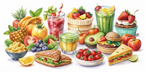 Watercolor of various food items including fruits, vegetables, desserts, and beverages , watercolor, food, collection, colorful