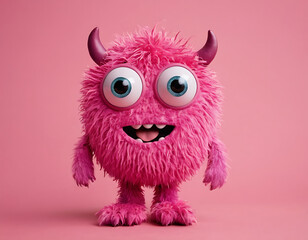 A fluffy pink monster with big blue eyes and a wide open smile, perfect for children's books, toy designs, or playful branding.