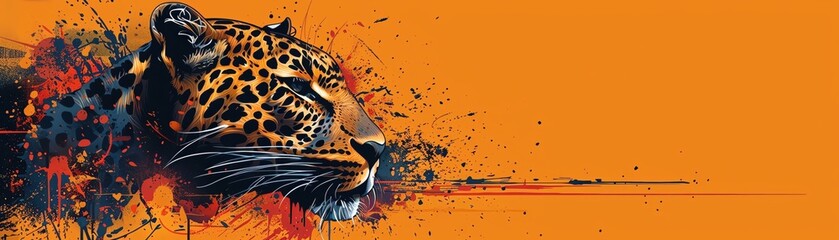 Abstract digital painting of a leopard head on an orange background, vibrant colors and detailed illustration showing creativity and wild nature.