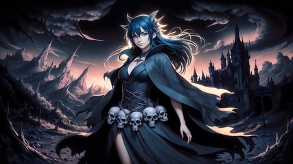 A woman with blue hair and horns wears a black cloak and belt of a string of skulls, standing in front of a dark castle