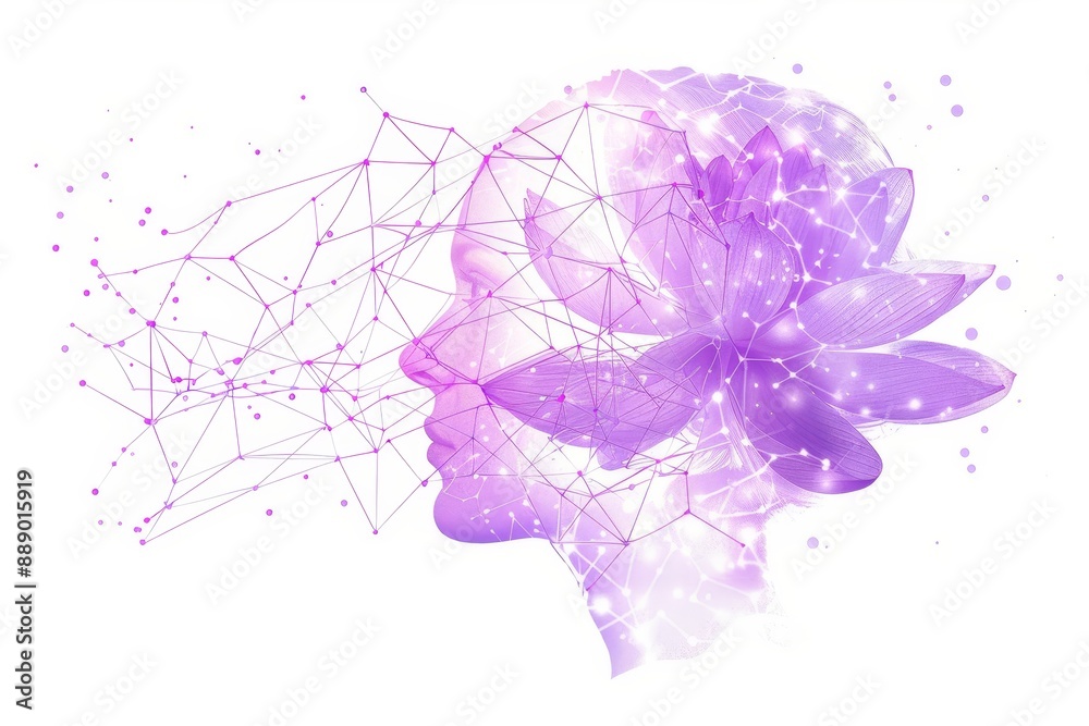 Poster abstract digital art blending a woman's face with a flower, symbolizing the fusion of technology and