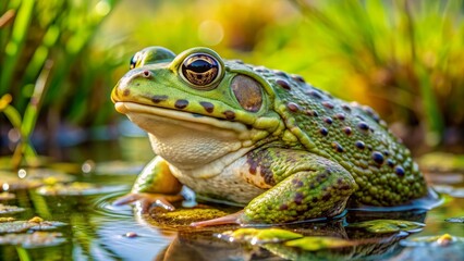 Obraz premium Close-up of a large green toad sitting in a natural wetland habitat, green toad, amphibian, wildlife, nature, wetland