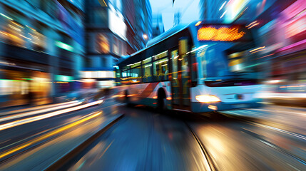 A vibrant motion blur city bus speeding through the illuminated streets of a bustling metropolis