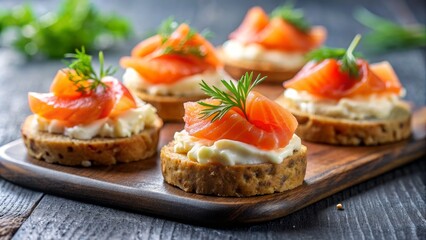 A delicious canape topped with smoked salmon and creamy cheese, perfect for breakfast or as a snack , canape, salmon, cheese, food