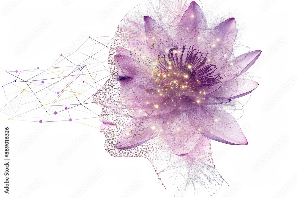 Poster abstract digital art blending a woman's face with a flower, symbolizing the fusion of technology and