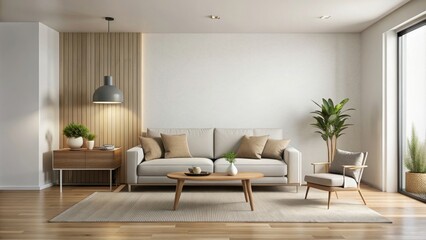 Fototapeta premium Simple and clean living room with neutral tones and empty wall for a modern aesthetic, minimalist, interior design