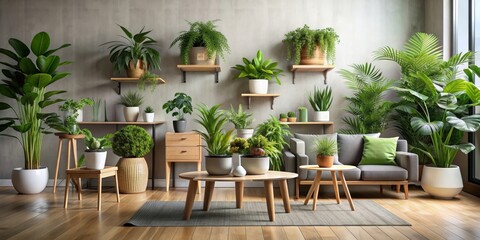 Fototapeta premium Modern indoor plant decor with lush green plants in pots on stylish wooden side tables and furniture, modern, indoor, plant, decor