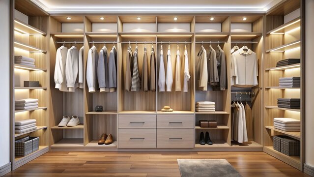 Closet organization with a wardrobe featuring a built-in light and clothes rack, closet, organization, luxury, wardrobe