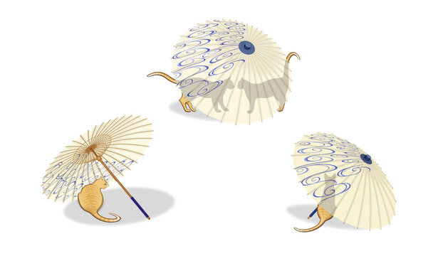 Cats relaxing in the shade of a Japanese umbrella