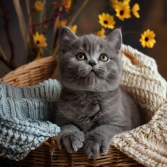 Fluffy Black British Shorthair Kitten in Wicker Basket with Yellow Flowers Background