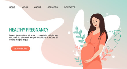 Healthy Pregnancy landing web page template with pregnant woman on floral background