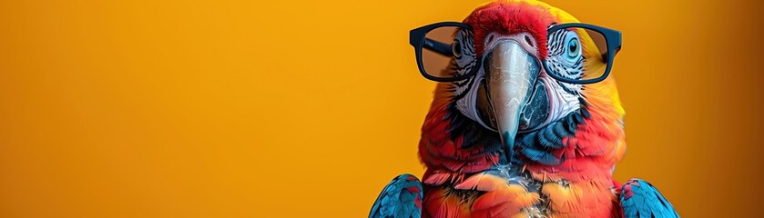 Obraz premium Colorful parrot wearing glasses on a yellow background. Fun and quirky image perfect for playful designs and marketing materials.