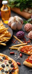 Fototapeta premium Delicious variety of fast food including pizza with olives and peppers, crispy fries, fresh garlic, and ingredients on a dark rustic background.