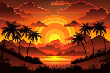 Fototapeta premium Vibrant paper cut sunset scene with palm trees and a warm ocean capturing the essence of a tropical paradise