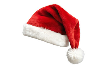 A classic red Santa hat with a white fur trim and pom-pom, perfect for Christmas cards, holiday promotions, or festive party decorations.