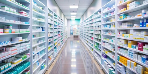 Abstract blurred corridor in a pharmacy with shelves filled with various pharmaceutical products