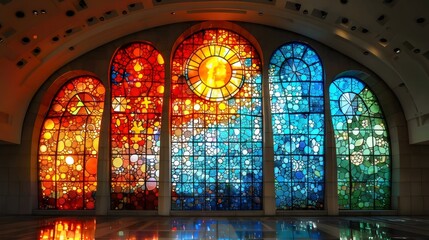 A stained glass window with a blue sun and red and green colors