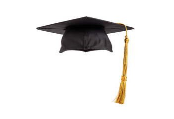 A black graduation cap with a gold tassel, isolated on a white background. Perfect for graduation announcements, school websites, or educational materials.