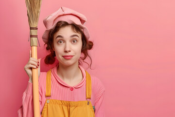 Portrait of young woman holding a broom on color background.