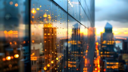 Fototapeta premium Dusk Drizzle: Serene Urban Skyline Reflecting Shimmering Lights