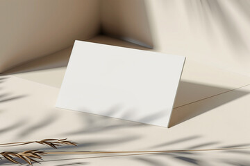 White Business Card Mockup with Neutral Tones Gradient and Leaf Shadows - Luxury Template Design

