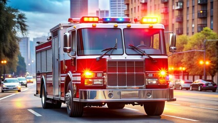 Fire truck with flashing lights and sirens requesting clearance through traffic , emergency vehicle, rescue, urgency