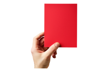 Hand holding red paper isolated on transparent background
