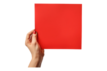 Hand holding red paper isolated on transparent background