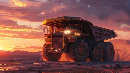 Fototapeta premium mining truck running at sunset