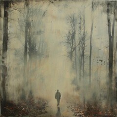 A person walks through a foggy forest where the trees visible