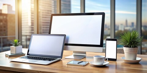 Fototapeta premium Real time advertising concept with digital devices on desk, marketing, advertisement, online, technology, campaign, strategy