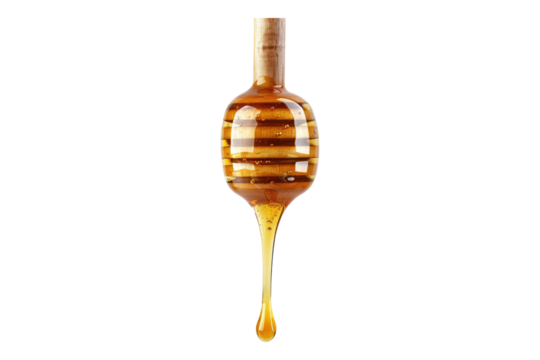 honey dripping from wooden dipper isolated on transparent background