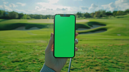 Smartphone mockup with green screen at golf course.