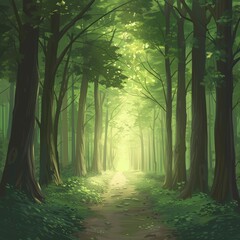 Obraz premium A quiet forest path lined with simple, illustrated trees 
