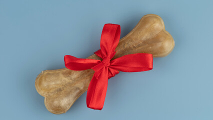 A treat for dogs - a pressed chewing bone. On a blue background..