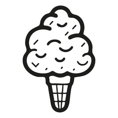 A black and white cartoon-style ice cream cone with a smiling face