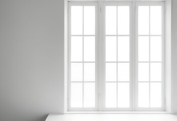 A bright, white room with a large, multi-paned window and a window seat. Ideal for minimalist interiors, product photography, or showcasing natural light.