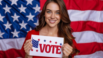 Woman standing with a vote sign in front of an American flag, advocating for democracy on election day, poster
