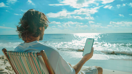 A man sitting on a beach chair by the ocean, holding a smartphone and enjoying the sunny weather, with a relaxed, carefree vibe.