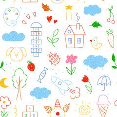Pattern of children's drawings drawn in doodle style. Simple cute illustration on white background.