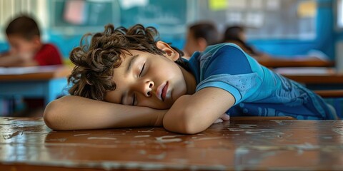 Student sleeping on desk in classroom
