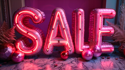 Close-up of bright "Sale" balloons on a light purple background. Concept of consumerism, shopping.
