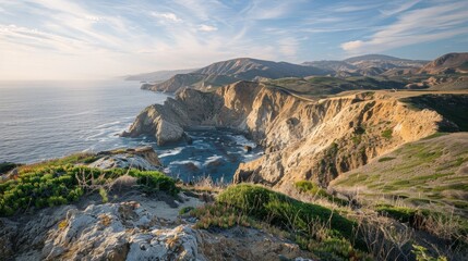 Capture the rugged beauty of a coastal cliff landscape, showcasing the dramatic drop-offs and ocean views.