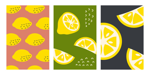 Retro style vector vertical posters set with lemons. Perfect background template for banner, card, label, sale. Hand drawn illustration.